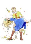  2girls 51wi21 blonde_hair blue_capelet blue_robe bob_cut body_fur boots brown_footwear brown_pants capelet dancing dungeon_meshi elf falin_thorden flower flower_wreath foot_up green_shirt grey_hair hair_down hair_flower hair_ornament hand_up head_wreath highres holding_hands juliet_sleeves korean_commentary leaning_back long_hair long_sleeves looking_at_another looking_at_viewer looking_to_the_side marcille_donato multiple_girls open_mouth pants petals pointy_ears profile puffy_sleeves red_flower red_rose robe rose sandals shirt short_hair sideways_glance simple_background sleeves_past_elbows standing standing_on_one_leg tiptoes very_long_hair white_background white_pants yellow_eyes yellow_flower 