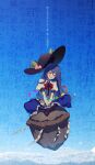  absurdres black_headwear blue_hair blue_skirt blue_sky boots brown_footwear closed_eyes floating gradient_background highres hinanawi_tenshi long_hair long_skirt peach_hat_ornament puffy_short_sleeves puffy_sleeves shirt short_sleeves sitting skirt sky smile sokura_(mochichitose) touhou white_shirt yuuhei_satellite 