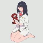  1girl barefoot black_hair bow cardigan glasses grey_background highres looking_at_viewer onsen_tamago_(hs_egg) open_mouth pink_bow pink_eyes shinjou_akane_(real) simple_background sitting solo ssss.gridman thick_thighs thighs toy wariza 