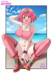  1girl achromaru beach blush bottomless breasts chest_jewel covering_crotch covering_privates earrings headpiece highres jewelry large_breasts looking_at_viewer nude_cover ocean pyra_(xenoblade) red_eyes red_hair short_hair sitting solo swept_bangs tank_top thighhighs tiara xenoblade_chronicles_(series) xenoblade_chronicles_2 