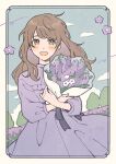  1girl :d blush border bouquet brown_eyes brown_hair cloud commentary_request cowboy_shot dress flower holding holding_bouquet long_hair long_sleeves looking_at_viewer nahara_saki open_mouth original ornate_border purple_dress purple_flower smile solo split_mouth standing white_flower wind yellow_border 