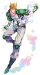  blonde_hair boots bubble caesar_anthonio_zeppeli facial_mark fingerless_gloves gloves hair_ornament headband highres inzup jacket jojo_no_kimyou_na_bouken knee_pads male_focus solo sparkle winged_hair_ornament yellow_eyes 