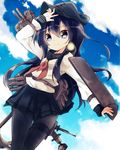  absurdres akatsuki_(kantai_collection) anchor_symbol arm_over_head black_hair black_legwear black_skirt closed_mouth cloud commentary day depth_charge_projector flat_cap hat highres kantai_collection kida_mochi long_hair long_sleeves neckerchief pantyhose pleated_skirt red_neckwear remodel_(kantai_collection) school_uniform serafuku skirt sky smile solo 
