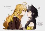  2girls ? ahoge animal_ears black_hair black_shirt blake_belladonna blonde_hair blush brown_jacket cat_ears closed_eyes commentary english_commentary english_text from_side grey_background highres hiru315 imminent_kiss jacket long_hair mechanical_arms medium_hair multiple_girls pursed_lips rwby shirt simple_background single_mechanical_arm sleeveless sleeveless_shirt spoken_question_mark sweat tongue tongue_out trembling upper_body yang_xiao_long yuri 