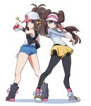  2girls absurdres black_pantyhose black_vest blue_eyes blue_shorts breasts brown_hair commentary double_bun english_commentary full_body grimmelsdathird hair_bun hat highres hilda_(pokemon) holding holding_poke_ball long_hair looking_at_viewer multiple_girls open_clothes open_vest pantyhose poke_ball poke_ball_(basic) pokemon pokemon_bw pokemon_bw2 ponytail rosa_(pokemon) shirt short_shorts shorts simple_background sleeveless sleeveless_shirt smile star_(symbol) twintails vest visor_cap white_background white_headwear white_shirt yellow_shorts 