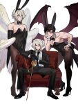  3boys angel animal_ears belial_(granblue_fantasy) black_bow black_bowtie black_footwear blue_eyes bow bowtie bright_pupils brown_hair bulge chair crossdressing demon_wings elbow_gloves empty_eyes english_commentary expressionless feathered_wings full_body gloves granblue_fantasy hair_between_eyes high_heels highres leaning_forward light_frown light_smile lucifer_(shingeki_no_bahamut) lucilius_(granblue_fantasy) male_focus male_playboy_bunny messy_hair multiple_boys necktie on_chair playboy_bunny rabbit_ears red_eyes short_hair sitting sketch spread_legs staff suit toned toned_male wahoosandalphon white_background white_hair white_pupils white_wings wings wrist_cuffs yaoi 
