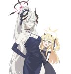  2girls black_dress black_gloves black_horns blonde_hair blue_archive blush breasts cleavage demon_horns dress elbow_gloves fang gloves grey_eyes grey_hair grin hakuhatsu halo halterneck highres horns ibuki_(blue_archive) ibuki_(dress)_(blue_archive) large_breasts long_hair makoto_(blue_archive) makoto_(dress)_(blue_archive) multiple_girls official_alternate_costume open_mouth pointy_ears side_ponytail simple_background skin_fang sleeveless sleeveless_dress smile white_background yellow_eyes yellow_halo 