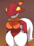 anthro big_tail breasts canid canine clothing female fire fox furred_breasts genitals hat headgear headwear hi_res mammal neck_tuft palworld pussy shalon short short_stack solo tail tuft wide_hips wixen