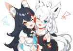  2girls :d absurdres ahoge animal_ear_fluff animal_ears black_hair black_serafuku black_skirt black_sleeves blue_eyes braid brown_eyes cheek-to-cheek choker commentary_request cosplay costume_switch detached_sleeves fox_ears fox_girl hair_ornament hairpin heads_together heart heart_hands heart_hands_duo highres hololive hood hoodie long_hair looking_at_viewer mawaru_chikuwa multicolored_hair multiple_girls one_eye_closed ookami_mio ookami_mio_(1st_costume) ookami_mio_(cosplay) open_mouth red_choker red_hair sailor_collar school_uniform serafuku shirakami_fubuki shirakami_fubuki_(1st_costume) shirakami_fubuki_(cosplay) shirt single_braid skirt sleeveless sleeveless_hoodie sleeveless_shirt smile streaked_hair tail virtual_youtuber white_hair white_hoodie white_sailor_collar white_sleeves wolf_ears wolf_girl wolf_tail 