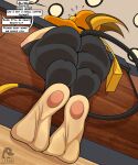 2023 areola areola_slip barefoot big_breasts big_butt bodily_fluids breasts butt counter desiree_(zp92) dialogue english_text feet female foot_focus generation_1_pokemon hi_res huge_breasts huge_butt low-angle_view nintendo nipple_slip pokemon pokemon_(species) purse raichu short_stack soles solo sweat sweaty_feet text thick_thighs tiptoes zp92