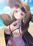  1girl akagashi_hagane arknights beach braid breasts cleavage hat jewelry large_breasts looking_at_viewer midriff necklace open_clothes outdoors purple-framed_eyewear purple_eyes short_hair slit_pupils smile solo sun_hat upper_body utage_(arknights) utage_(summer_flowers)_(arknights) 
