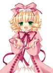  1girl :d blonde_hair blush bow coat commentary_request cowboy_shot dress drill_hair frilled_bow frills green_eyes hair_bow hands_up hinaichigo lolita_fashion long_sleeves looking_at_viewer medium_bangs morinaga_hinase neck_ribbon open_mouth pink_bow pink_coat quad_drills red_ribbon ribbon rozen_maiden short_hair simple_background smile solo white_background white_dress 
