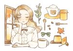  1girl artist_name black_bow blonde_hair blush bow buttons center_frills closed_eyes coffee coffee_beans coffee_mug commentary_request cropped_torso cup drink facing_viewer food fork frilled_shirt frills green_bow hand_on_own_cheek hand_on_own_face head_rest jewelry leaf long_hair mug nahara_saki open_mouth original pudding puffy_sleeves ring shirt sigh simple_background sleeves_past_elbows solo spoon swept_bangs thinking upper_body white_background white_shirt window 