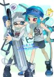  1boy 1girl :o aqua_hair black_footwear black_shorts blue_background blue_eyes blue_footwear blue_hair blue_headwear blunt_bangs blush border bow_(weapon) colored_tongue commentary commission corrupted_twitter_file e-liter_4k_(splatoon) english_commentary eyebrow_cut eyewear_on_head fang gradient_background gradient_hair green_background grey_socks grin gun hair_behind_ear hair_ornament hairclip hat high_tops highres holding holding_gun holding_weapon inkling inkling_girl light_bulb loafers long_hair long_sleeves looking_at_another medium_hair multicolored_hair octoling octoling_boy one_eye_closed open_mouth outside_border p-pepper pointy_ears print_shirt red_eyes shirt shoelaces shoes short_eyebrows short_shorts shorts simple_background smile sneakers socks speech_bubble splatoon_(series) spoken_light_bulb spoken_squiggle squiggle standing suction_cups tank_top tentacle_hair thick_eyebrows tri-stringer_(splatoon) visor_cap weapon white_border white_footwear white_hair white_shirt white_tank_top white_tongue 