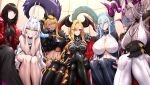  6+girls black_hair blonde_hair blue_hair blunt_bangs blush breasts cleavage closed_mouth crossed_legs facial_mark fate/grand_order fate_(series) hair_between_eyes highres horns ibuki_douji_(fate) large_breasts larva_tiamat_(fate) long_hair looking_at_viewer melusine_(fate) multicolored_hair multiple_girls navel nero_claudius_(fate) oryou_(fate) parted_lips purple_hair queen_draco_(fate) shiroshisu sitting smile streaked_hair tail tiamat_(fate) tongue tongue_out vritra_(fate) white_hair yellow_eyes 