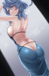  1girl ako_(blue_archive) ako_(dress)_(blue_archive) angry backless_dress backless_outfit blue_archive blue_dress blue_eyes blue_hair blue_halo blush breasts clenched_teeth cuffs dress earrings fingernails flying_sweatdrops hair_between_eyes halo handcuffs highres jewelry large_breasts lds_(dstwins97) long_hair looking_at_viewer nail_polish official_alternate_costume open_mouth purple_nails revision sideboob sleeveless sleeveless_dress solo teeth 