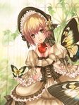  apple bad_id bad_pixiv_id bangs blonde_hair bonnet bow brown_bow brown_dress brown_eyes bug butterfly corset dress food frilled_dress frilled_sleeves frills fruit hair_bow hair_ornament hands_up insect kannagi_kanna looking_at_viewer original puffy_short_sleeves puffy_sleeves short_hair short_sleeves solo standing yellow_eyes 