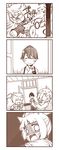  3girls 4koma ^_^ animal_ears arm_warmers cat_ears closed_eyes comic commentary_request fangs female_admiral_(kantai_collection) hitting houshou_(kantai_collection) kantai_collection kasumi_(kantai_collection) kemonomimi_mode kouji_(campus_life) little_girl_admiral_(kantai_collection) long_hair long_sleeves military military_uniform monochrome multiple_girls open_mouth ponytail short_hair short_sleeves side_ponytail smile suspenders sweat translated uniform 