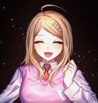  1girl :d ^_^ absurdres ahoge akamatsu_kaede black_background blonde_hair blush clenched_hand closed_eyes collared_shirt commentary_request danganronpa_(series) danganronpa_v3:_killing_harmony dark eyelashes facing_viewer hair_ornament hand_up highres large_pectorals light_blush long_hair long_sleeves musical_note musical_note_hair_ornament necktie open_mouth pectorals pink_sweater_vest red_necktie school_uniform shimazu. shirt simple_background smile solo straight-on straight_hair sweater_vest upper_body white_shirt 