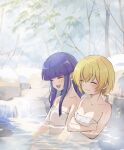  2girls :d ^_^ arms_at_sides arms_under_breasts bare_arms blonde_hair blunt_bangs blunt_ends blush breasts cleavage closed_eyes closed_mouth collarbone commentary_request crossed_arms furude_rika hair_down happy highres higurashi_no_naku_koro_ni houjou_satoko multiple_girls naked_towel onsen outdoors partially_submerged purple_hair rock short_hair side-by-side sidelocks sitting small_breasts smile stream towel tree upper_body wet wet_hair yuno_ff 