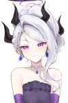  1girl absurdres black_horns blue_archive blush closed_mouth demon_horns dress elbow_gloves gloves grey_hair halo highres hina_(blue_archive) hina_(dress)_(blue_archive) horns jewelry long_hair looking_at_viewer mindoll multiple_horns necklace official_alternate_costume purple_dress purple_eyes purple_gloves simple_background smile solo strapless strapless_dress white_background 