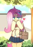 &lt;3 absurd_res accessory anthro bodily_fluids butterfly_clip clothing equid equine female fluttershy_(mlp) friendship_is_magic hasbro hi_res looking_at_viewer mammal my_little_pony onibi pegasus school_uniform shy solo sweat sweatdrop uniform wings