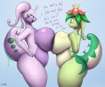 absurd_res an-tonio antennae_(anatomy) anthro areola big_breasts breasts dinossom dragon duo elemental_creature female flora_fauna flower_(anatomy) fur generation_6_pokemon goodra green_body green_eyes hi_res huge_breasts nintendo nude pal_(species) palworld plant pokemon pokemon_(species) purple_areola purple_body simple_background slightly_chubby slightly_chubby_anthro slightly_chubby_female slime tail text yellow_body yellow_fur