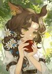  1girl absurdres animal_ears apple arm_belt belt blue_flower brown_belt brown_hair collared_shirt daisy day deer_ears deer_girl ear_tag flower food forest fruit green_eyes grin hair_flower hair_ornament hair_over_shoulder hands_up highres holding holding_food holding_fruit ikura_kun jessica_(reverse:1999) long_hair looking_ahead nature outdoors reverse:1999 shirt smile solo tree upper_body white_flower white_shirt 