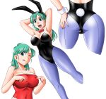  1girl animal_ears aqua_hair armpits bad_source black_leotard blue_eyes blue_hair blue_pantyhose breasts bulma covered_navel dragon_ball dragon_ball_(classic) dragon_ball_z hairband hand_on_own_chest hand_on_own_hip hands_up highleg highleg_leotard large_breasts leotard long_hair looking_at_viewer mokkouyou_bond multiple_views one_eye_closed pantyhose rabbit_ears rabbit_tail red_ribbon red_tank_top ribbon simple_background sleeveless smile solo tail tank_top tongue tongue_out 