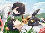  1boy 1girl ahoge black_eyes black_hair blue_sky bow bowtie brother_and_sister brown_fur cloud collared_shirt crossover day eevee flower grass highres hikigaya_hachiman hikigaya_komachi light_(lightpicture33) looking_at_another lying pokemon school_uniform shirt short_hair siblings sky smile teeth umbreon white_shirt yahari_ore_no_seishun_lovecome_wa_machigatteiru. 