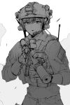 1girl american_flag assault_rifle blue_eyes blue_theme ear_protection greyscale gun helmet highres laser_sight load_bearing_vest long_sleeves looking_at_viewer m4_carbine military_operator monochrome original parted_lips pen_guin15 rifle short_hair simple_background sketch solo spot_color trigger_discipline upper_body weapon 