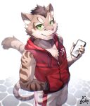 2023 anthro cellphone deity electronics felid feline fur green_eyes hair hi_res holding_cellphone holding_object holding_phone holding_smartphone leopard_cat looking_at_viewer male mammal multicolored_body multicolored_fur nekojishi phone ponzu_tas prionailurus shu-chi smartphone solo striped_body striped_fur stripes studio_klondike tail tongue tongue_out