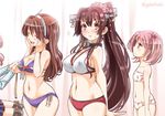  :&gt; ^_^ akashi_(kantai_collection) arms_behind_back ashigara_(kantai_collection) bare_shoulders blush bra breasts brown_hair bust_measuring carrot_print closed_eyes covered_nipples food_print hair_bobbles hair_ornament hairband jitome kantai_collection large_breasts long_hair measuring multiple_girls navel open_mouth panties pink_eyes pink_hair sazanami_(kantai_collection) smile sogabe_toshinori twintails underwear underwear_only very_long_hair white_bra white_panties yamato_(kantai_collection) 