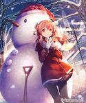  absurdres bad_id bad_pixiv_id black_legwear blush building character_request christmas christmas_lights coat company_name dutch_angle en@rain gloves hairband hat highres hood lamppost long_hair outdoors pantyhose pink_hair red_eyes santa_hat scarf shingeki_no_bahamut shovel skirt smile snow snowman solo steepled_fingers tree two_side_up watermark white_gloves 