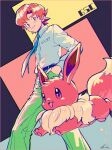  1boy belt bill_(pokemon) blush breast_pocket brown_eyes brown_hair closed_mouth collared_shirt eevee fluffy green_pants hand_in_pocket highres kwsby_124 necktie open_mouth pants pocket pokemon pokemon_(creature) pokemon_gsc shirt short_hair smile standing tail white_shirt 