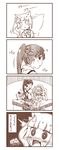  3girls 4koma :d animal_ears arm_warmers blush blush_stickers cat_ears cat_tail comic commentary fangs female_admiral_(kantai_collection) hakama high_ponytail houshou_(kantai_collection) japanese_clothes kantai_collection kasumi_(kantai_collection) kemonomimi_mode kouji_(campus_life) little_girl_admiral_(kantai_collection) long_hair long_sleeves military military_uniform monochrome multiple_girls nose_blush open_mouth short_hair short_sleeves smile sweat tail translated uniform 