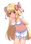  1girl amaner blonde_hair bloomers blush bra chaos_marie_(grimms_notes) grimms_notes hair_ribbon highres leaning_forward long_hair navel open_mouth pink_eyes ribbon simple_background solo twitter_username underwear white_background 