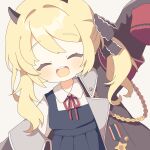  armband black_horns black_ribbon blonde_hair blue_archive bow bowtie closed_eyes coat demon_horns hair_ribbon highres horns ibuki_(blue_archive) komano_shia no_halo no_tail no_wings red_armband red_bow red_bowtie ribbon sleeves_past_fingers sleeves_past_wrists smile teeth upper_teeth_only 