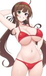 ahoge arm_behind_head armpits ass_visible_through_thighs bikini black_ribbon blue_eyes blush breasts brown_hair cleavage clenched_teeth green_eyes hair_ribbon hairband hand_on_own_hip heterochromia highres large_breasts long_hair looking_at_viewer low_twintails navel red_bikini red_hairband ribbon ryoubi_(senran_kagura) senran_kagura smile surippa1010 swimsuit teeth twintails underboob 