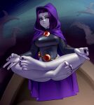  1girl absurdres ass barefoot black_leotard black_nails cloak closed_mouth commission crossed_legs dc_comics english_commentary feet gem highres kairunoburogu leotard long_sleeves looking_at_viewer meditation midair outdoors purple_cloak purple_eyes raven_(dc) solo teen_titans toes 