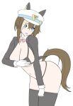  absurdres alternate_costume animal_ears blue_eyes blush breasts cheval_grand_(umamusume) cleavage covering_breasts covering_privates dewanewbie gloves hair_between_eyes hat highres horse_ears horse_girl horse_tail large_breasts looking_at_viewer meme_attire navel open_mouth reverse_bunnysuit reverse_outfit tail thighhighs umamusume white_background 