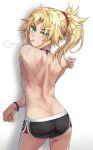  1girl :p ass back black_shorts blonde_hair blush braid breasts butt_crack commentary dolphin_shorts fate/apocrypha fate_(series) french_braid green_eyes highres long_hair looking_at_viewer looking_back mordred_(fate) mordred_(fate/apocrypha) parted_bangs ponytail puff_of_air revision short_shorts shorts shoulder_blades sidelocks small_breasts solo thighs tonee tongue tongue_out topless v-shaped_eyebrows 