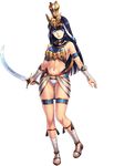  armor bikini_armor black_hair blue_eyes breastplate crown full_body hair_ornament hores_(sennen_sensou_aigis) jewelry long_hair looking_at_viewer navel open_mouth sandals sennen_sensou_aigis smile solo sword transparent_background uchiu_kazuma weapon 