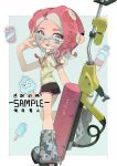  1girl :d black_shorts blue_background blue_footwear boots border bottle brown_footwear can commentary_request e-liter_4k_(splatoon) fang food glasses grey_eyes grey_footwear gun hand_up highres ice_cream ice_cream_cone looking_at_viewer looking_back medium_hair multicolored_footwear octoling octoling_girl open_mouth outside_border p-pepper parted_bangs pink_hair pointy_ears popsicle print_shirt shirt short_shorts short_sleeves shorts sidelocks simple_background smile solo splatoon_(series) sticker suction_cups t-shirt tentacle_hair weapon white-framed_eyewear white_border white_shirt 