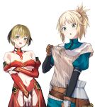  2girls absurdres armor bandeau bare_shoulders belt black_hair blonde_hair blush blush_stickers braid breasts brown_belt brown_gloves cleavage clothes_tug commentary commission cosplay costume_switch cowboy_shot detached_collar detached_sleeves english_commentary fate/grand_order fate_(series) faulds french_braid gareth_(fate) gareth_(fate)_(cosplay) gloves gold_trim green_eyes green_shirt green_shorts grey_shirt groin hair_between_eyes hair_flaps hair_ornament hair_scrunchie hand_on_own_arm highres loincloth long_sleeves looking_at_viewer medium_breasts mordred_(fate) mordred_(fate/apocrypha) mordred_(fate/apocrypha)_(cosplay) multicolored_hair multiple_girls navel okamired open_mouth pelvic_curtain puffy_short_sleeves puffy_sleeves red_bandeau red_scrunchie red_skirt red_sleeves ribbed_shirt scrunchie second-party_source shirt short_hair short_sleeves shorts siblings sidelocks simple_background sisters skirt streaked_hair transparent_background turtleneck_shirt underboob 