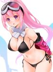  1girl bikini black_bikini blue_archive breasts cleavage commentary_request eimi_(blue_archive) eimi_(swimsuit)_(blue_archive) engo_(aquawatery) goggles goggles_on_head halo highres jacket large_breasts long_hair looking_at_viewer navel official_alternate_costume open_mouth pink_hair pink_halo pink_jacket ponytail purple_eyes scarf side-tie_bikini_bottom sidelocks ski_goggles solo swimsuit thighs white_scarf 