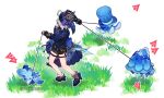  1girl ahoge arrow_(symbol) asymmetrical_gloves bare_legs black_footwear black_gloves black_shorts blue_hair blue_headwear blue_jacket cioccolatodorima commentary furina_(genshin_impact) genshin_impact gloves grass hat high_heels highres holding holding_leash jacket leash long_sleeves mismatched_gloves short_hair short_shorts shorts socks thigh_strap top_hat white_gloves 