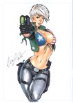  2015 aiming_at_viewer american_flag_bikini bikini bikini_top black_gloves blue_eyes breasts cleavage cowboy_shot cropped_jacket cropped_legs elias_chatzoudis eyeshadow flag_print front-tie_bikini front-tie_top gloves gun hair_over_one_eye handgun highres holding holding_gun holding_weapon holster jacket large_breasts lips makeup marker_(medium) midriff navel nose open_clothes open_jacket original pants short_hair signature silver_hair solo swimsuit thigh_gap traditional_media weapon 