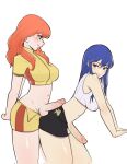  black_shorts blue_hair breasts breasts_out caeda_(fire_emblem) celica_(fire_emblem) crop_top erection fire_emblem fire_emblem:_mystery_of_the_emblem fire_emblem_echoes:_shadows_of_valentia fire_emblem_warriors futa_with_futa futanari grinding humping jenocidero large_breasts long_hair midriff navel official_alternate_costume open_clothes penis penis_out red_hair shirt short_shorts shorts sleeveless sleeveless_shirt sports_bra teasing unzipped yellow_shirt yellow_shorts 