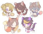  5boys animal_ears baguette bird black_hair blonde_hair blue_hair book bread brown_hair cat_boy cat_ears cat_tail chibi closed_eyes closed_mouth commentary_request dog_boy dog_ears dog_tail doll food fox_boy fox_ears fox_tail fruit full_body glasses hair_between_eyes highres holding holding_book holding_doll holding_food ike_eveland kemonomimi_mode long_hair long_sleeves luca_kaneshiro luxiem male_focus meremero multicolored_hair multiple_boys mysta_rias nijisanji nijisanji_en oni open_book penguin pink_hair purple_eyes purple_hair red_oni short_hair shu_yamino simple_background sitting smile standing strawberry streaked_hair tail tongue tongue_out virtual_youtuber vox_akuma white_background yellow_eyes 